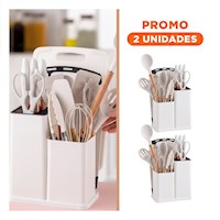 Pack2 Set Moderno con 18 Piezas de Utensilios Blanco en Silicona y Madera para Hogar